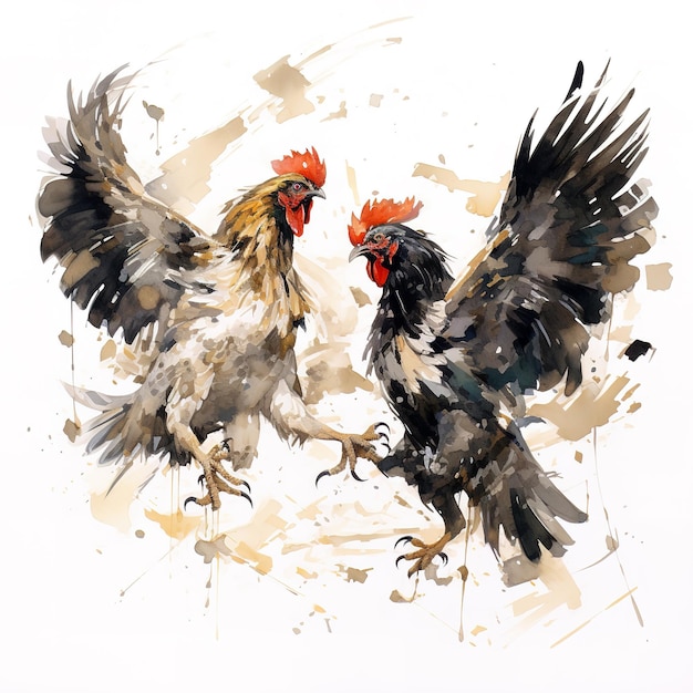 La pintura en acuarela de dos gallos se golpea entre sí sobre fondo blanco. Ilustración de animales salvajes. AI generativa.