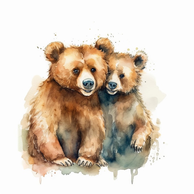 Pintura de acuarela de dos lindos osos de amor sobre fondo blanco Al generado