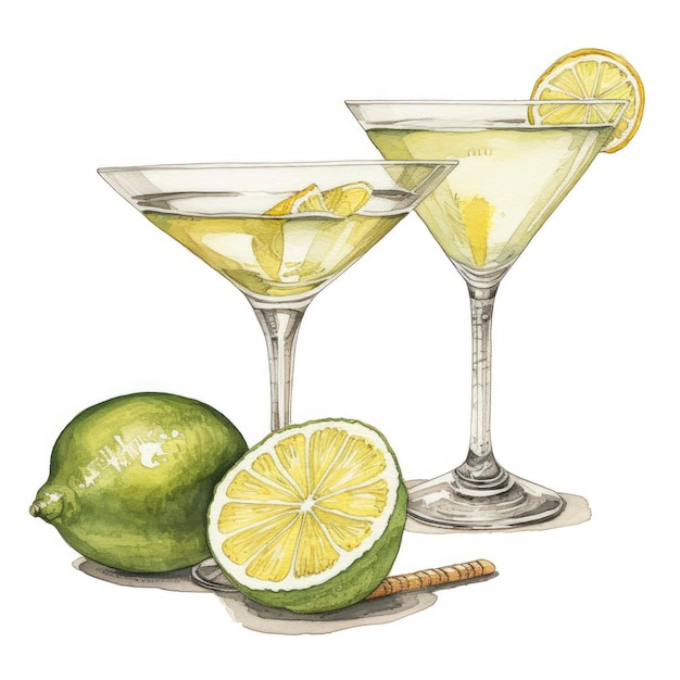 Una pintura de acuarela de dos martinis con limones.