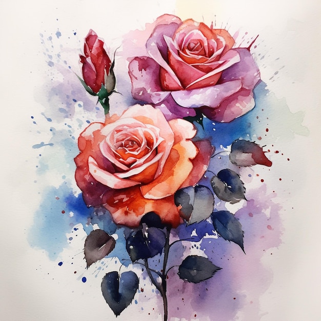 Una pintura de acuarela de dos rosas con hojas azules.