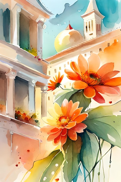 Una pintura de acuarela de un edificio con flores en primer plano.