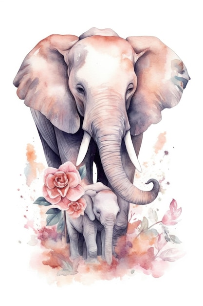 Una pintura de acuarela de un elefante bebé con flores.