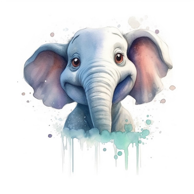 Una pintura de acuarela de un elefante bebé con una gran oreja.