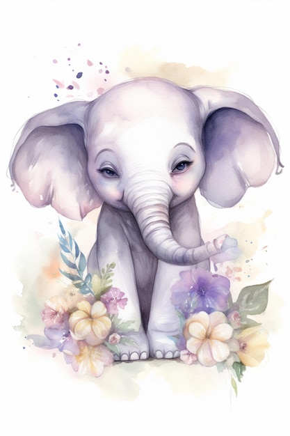 Una pintura de acuarela de un elefante bebé