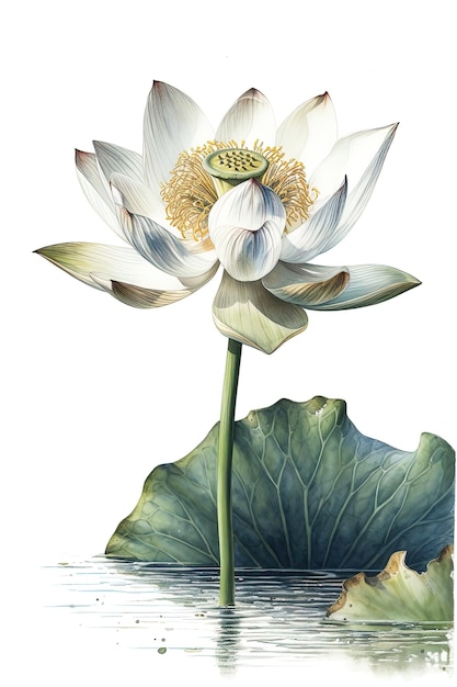 Pintura de acuarela de estilo vintage de una flor de loto o nenúfar AI generativa