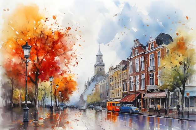 Pintura acuarela de la famosa calle Amsterdam en otoño