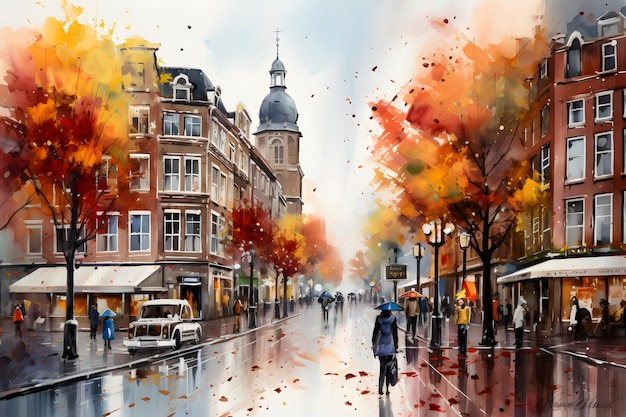 Pintura acuarela de la famosa calle Amsterdam en otoño