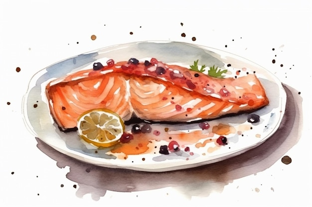 Una pintura de acuarela de un filete de salmón.
