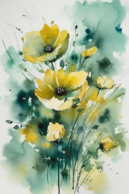 Una pintura de acuarela de una flor amarilla.