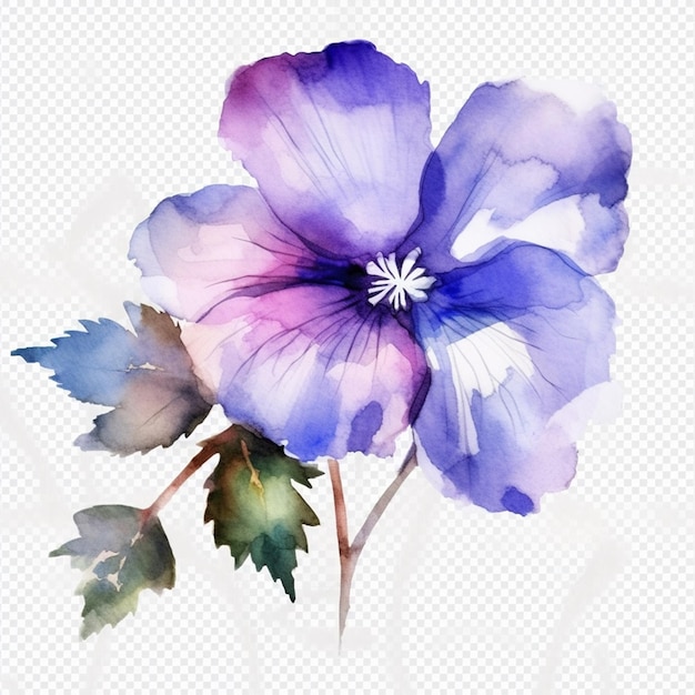 Una pintura de acuarela de una flor azul con hojas.