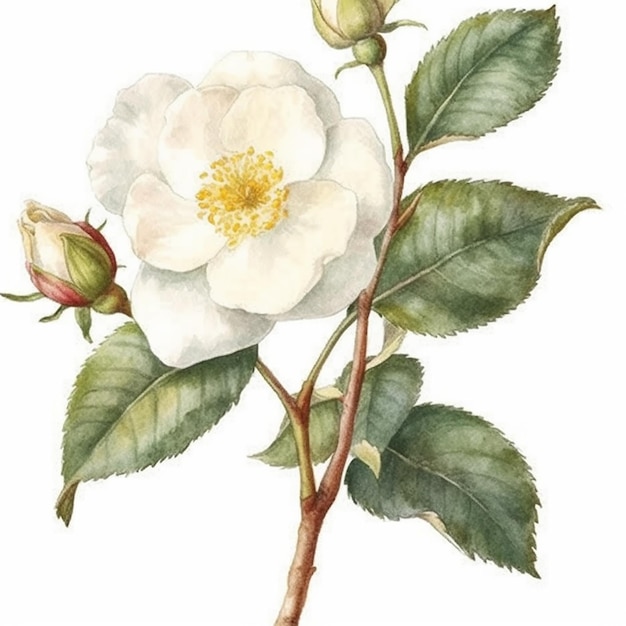 Una pintura de acuarela de una flor blanca con hojas y capullos verdes.