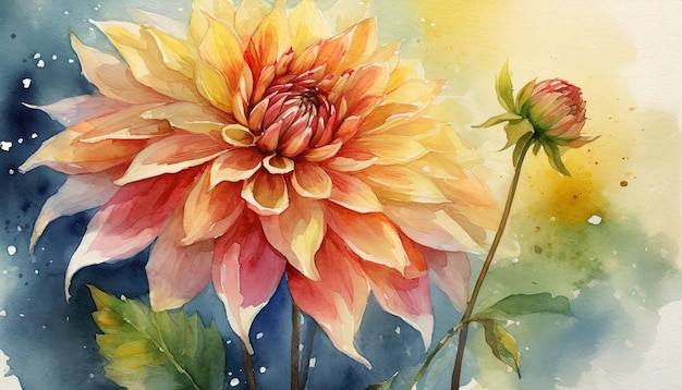 Pintura en acuarela de la flor de Dahlia Arte botánico dibujado a mano hermosa composición floral