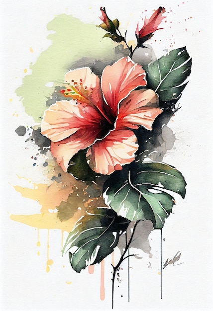 Una pintura de acuarela de una flor de hibisco.