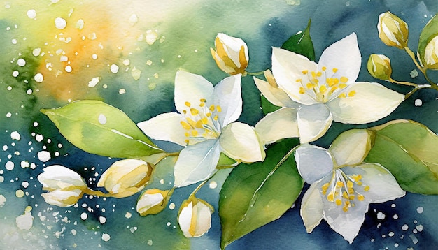 Pintura en acuarela de la flor de jazmín arte botánico dibujado a mano hermosa composición floral