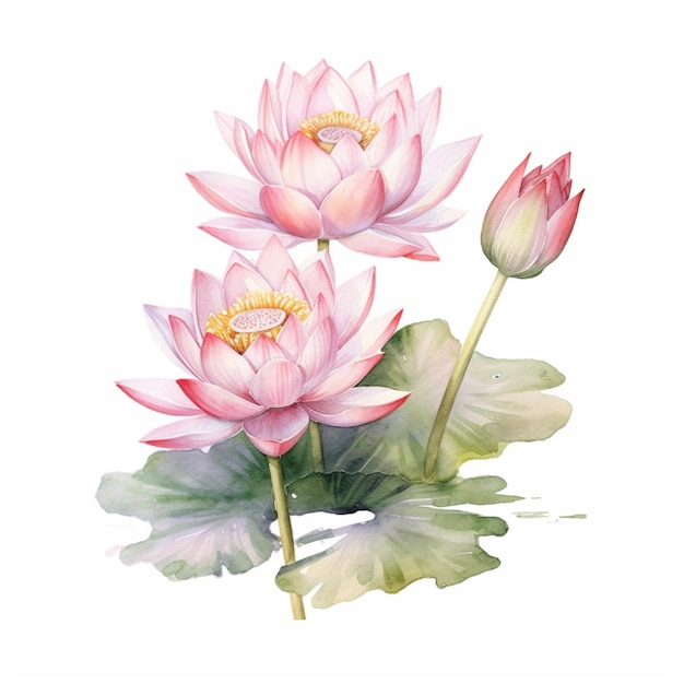 Una pintura de acuarela de una flor de loto con dos flores de loto rosas.