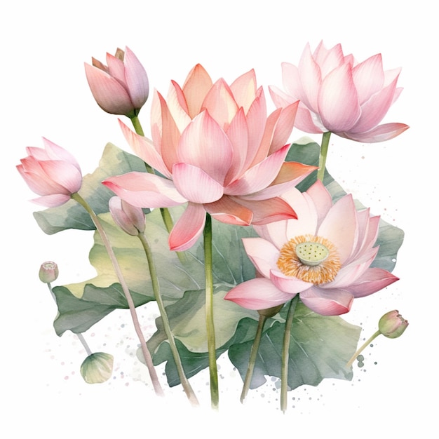 Una pintura de acuarela de una flor de loto rosa.