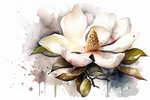 Una pintura de acuarela de una flor de magnolia.