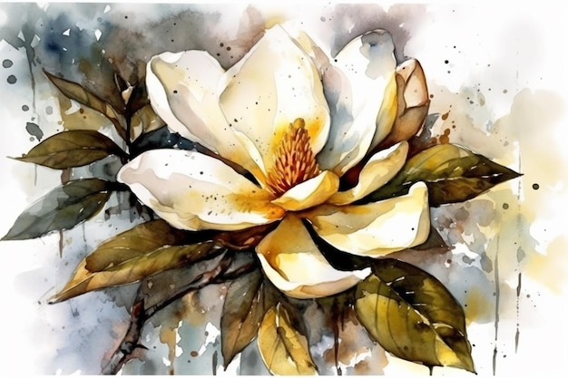 Pintura acuarela de una flor de magnolia.