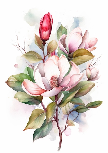 Una pintura de acuarela de una flor de magnolia.