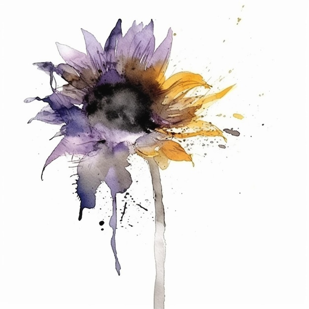 Pintura acuarela de una flor morada con pétalos amarillos y morados.