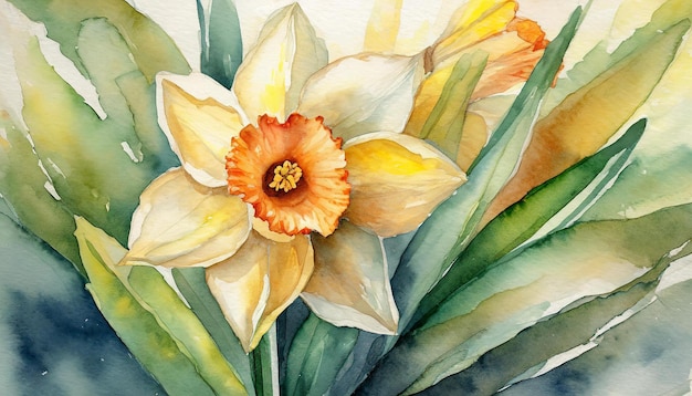 Pintura en acuarela de la flor de narcisos arte botánico dibujado a mano hermosa composición floral