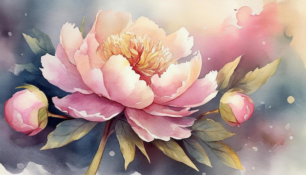 Pintura en acuarela de la flor de la peonía arte botánico dibujado a mano hermosa composición floral