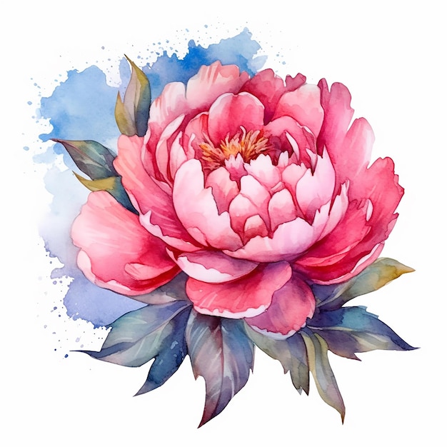 Pintura de acuarela de flor de peonía con una flor rosa.