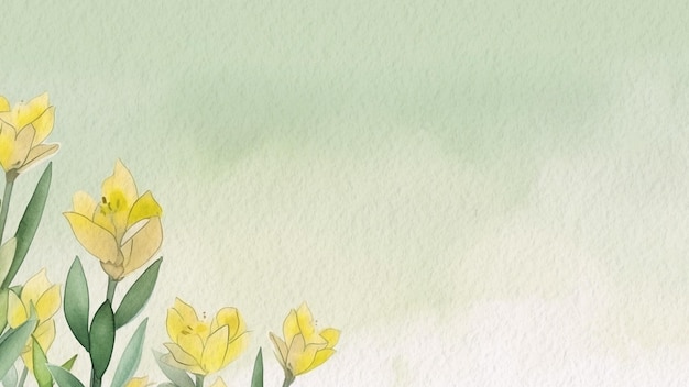 Una pintura de acuarela de flores amarillas con un fondo verde.