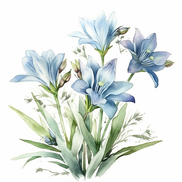 Una pintura de acuarela de flores azules con un tallo verde.
