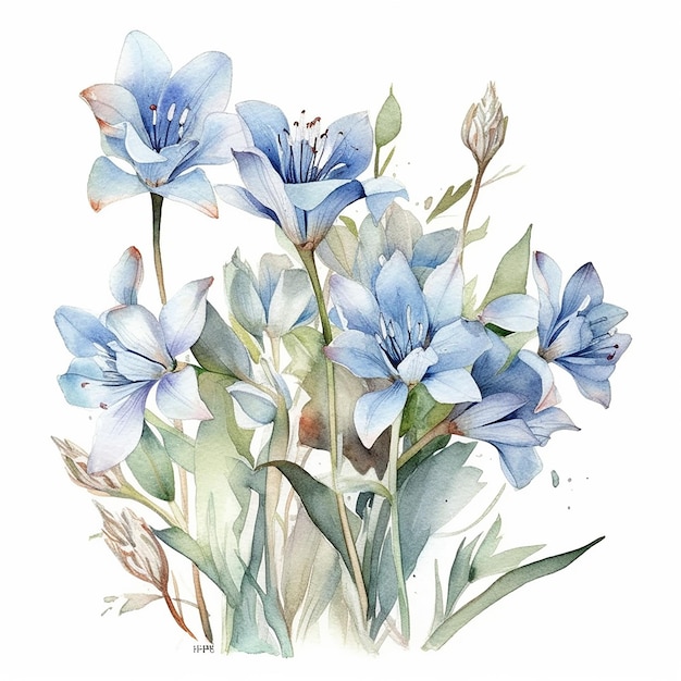 Una pintura de acuarela de flores azules.