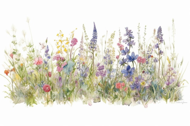 Una pintura de acuarela de flores en un campo.