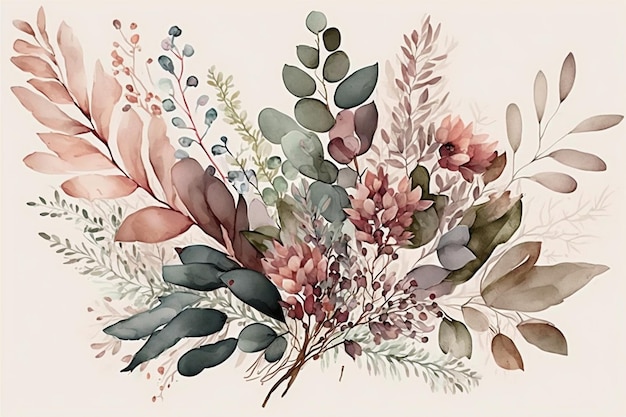 Una pintura de acuarela de flores con hojas y flores.