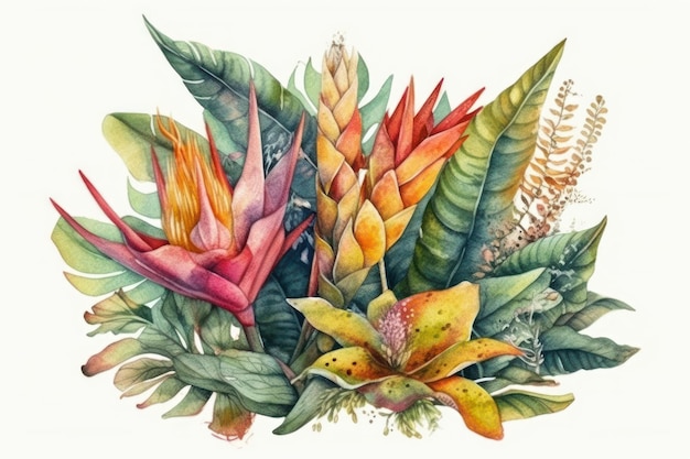 Una pintura de acuarela de flores y hojas tropicales.