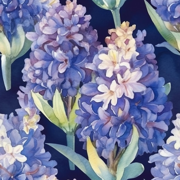 Una pintura de acuarela de flores de hortensias azules.