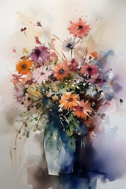 Una pintura de acuarela de flores en un jarrón.