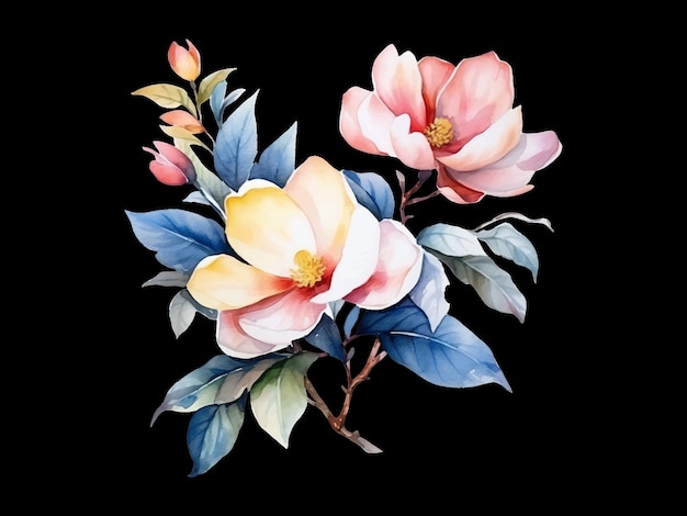 pintura acuarela de flores de magnolia sobre fondo negro