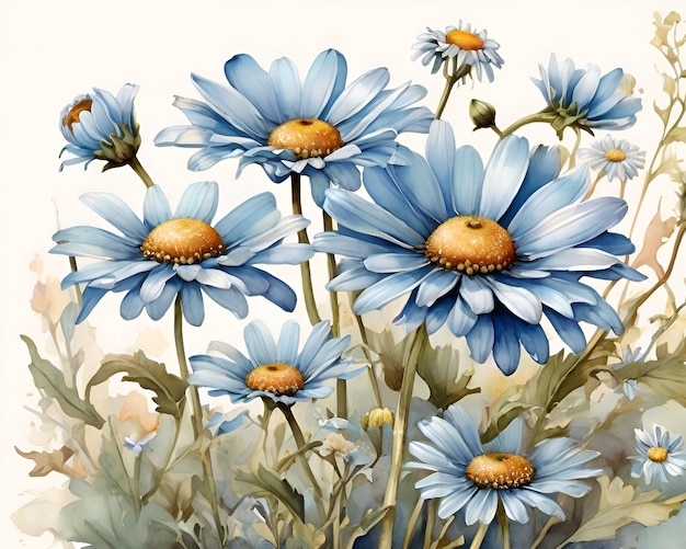 Pintura en acuarela de las flores de las margaritas azules