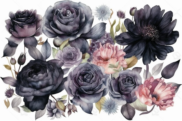 Una pintura de acuarela de flores negras con rosas rosas.