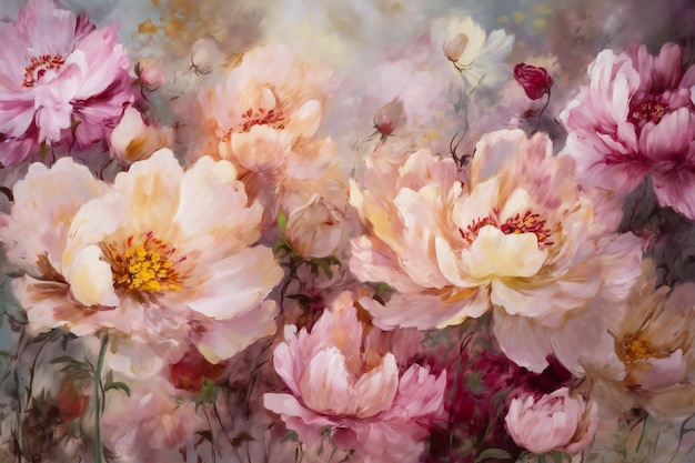 Pintura acuarela de flores de peonía en colores rosa y blanco sobre fondo gris