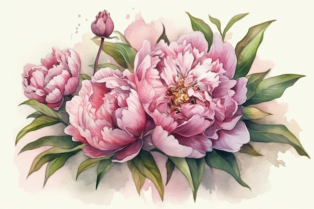 Pintura en acuarela de flores de peonía Ilustración vectorial dibujada a mano