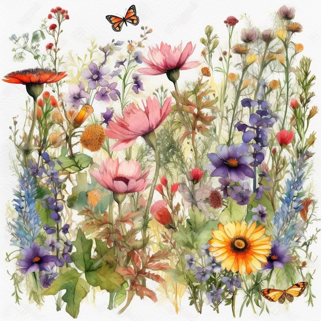 Una pintura de acuarela de flores silvestres de colores y una mariposa