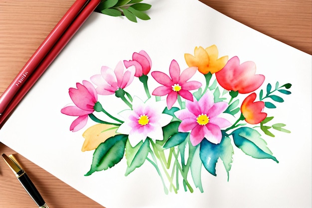 Una pintura de acuarela de flores sobre una mesa