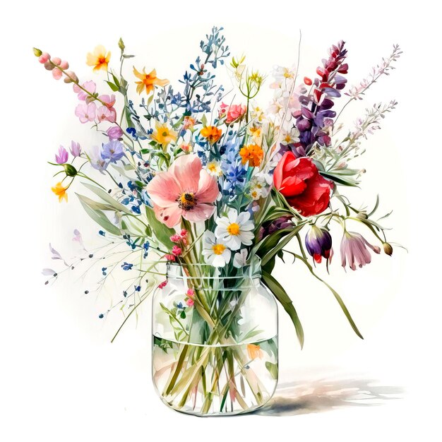 Pintura acuarela de flores, tarro de cristal con flores y hojas de jardín, tarjeta de felicitación. IA generativa