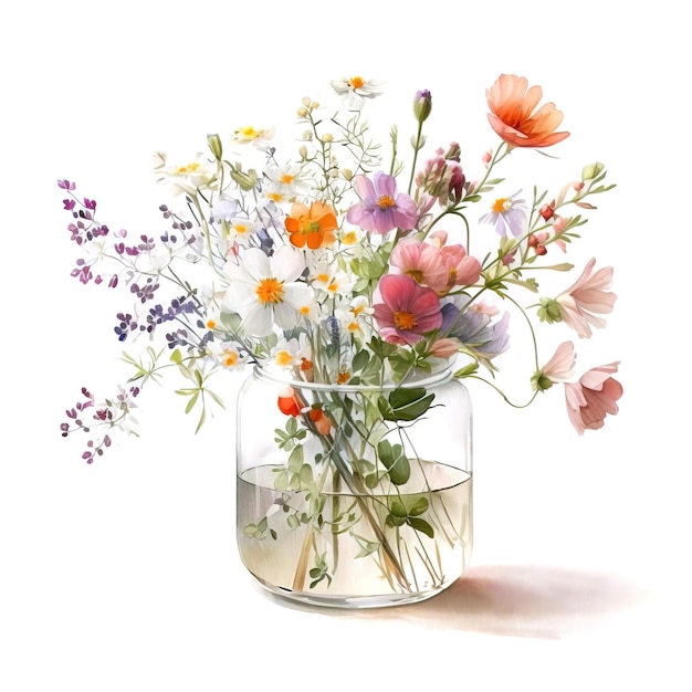 Foto pintura acuarela de flores, tarro de cristal con flores y hojas de jardín, tarjeta de felicitación. ia generativa