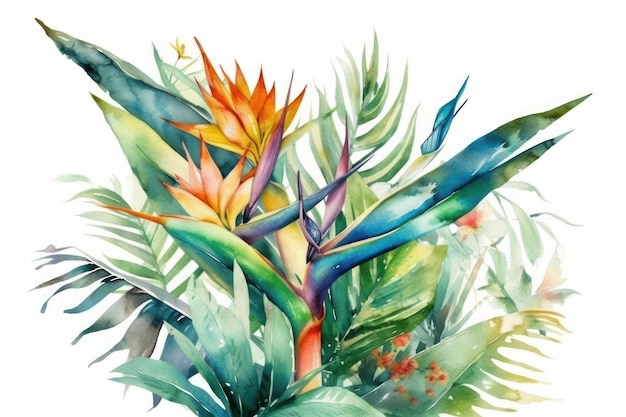Una pintura de acuarela de flores tropicales con hojas y flores.