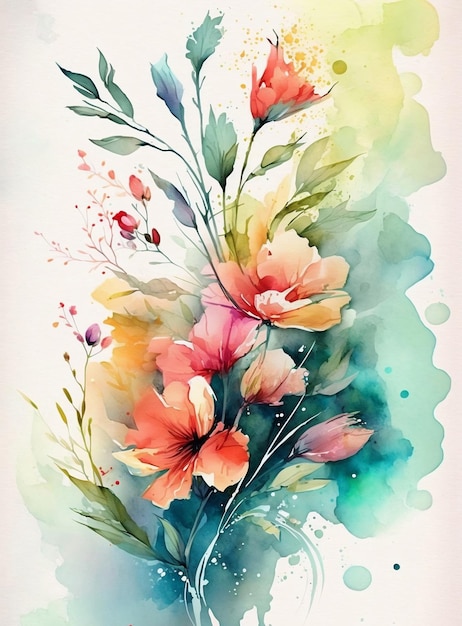 Una pintura de acuarela de flores en verde, azul y rosa.