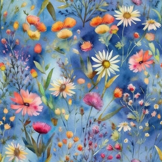 Una pintura de acuarela de un fondo floral con un fondo azul y un ramo de flores.