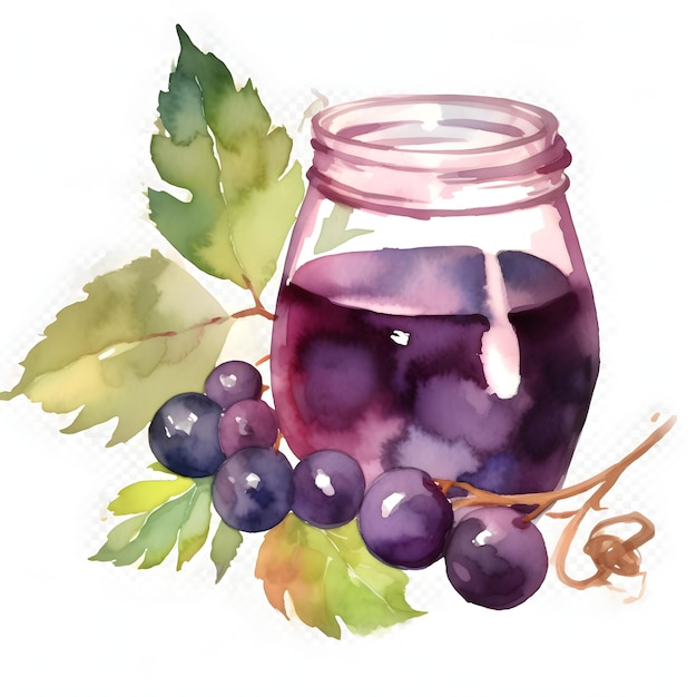 Una pintura de acuarela de un frasco de vidrio con uvas negras.