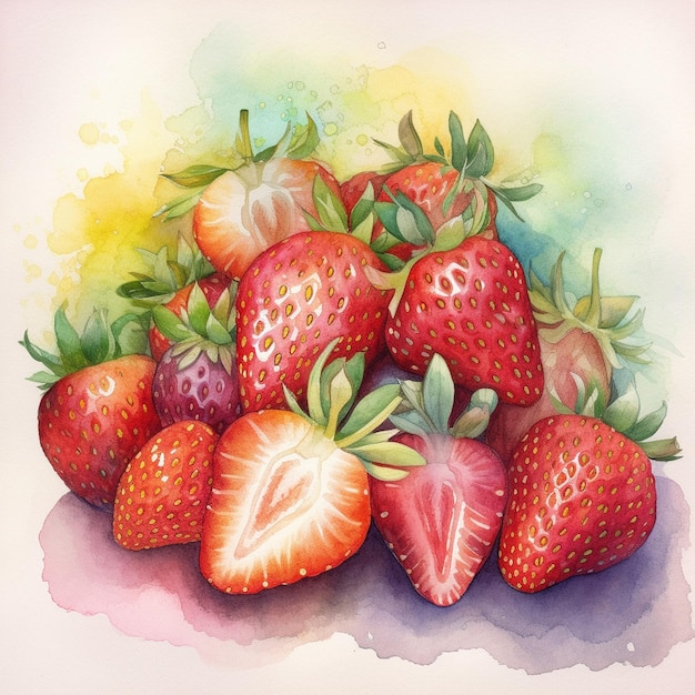 Una pintura de acuarela de fresas sobre un fondo rosa.