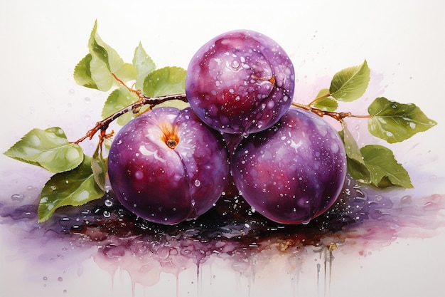 Pintura en acuarela de la fruta de ciruela